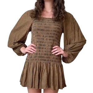 UO‎ Urban Outfitters Francis Smocked Long Sleeve Gingham Mini Dress